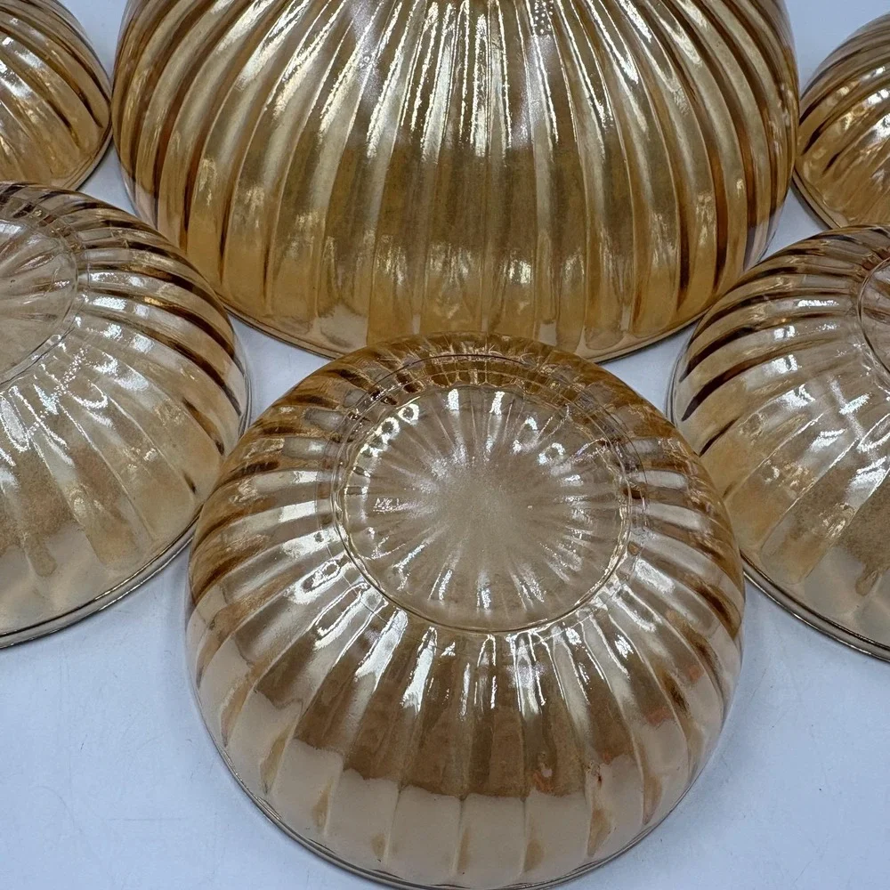 Gold Carnival Glass Salad Serving Bowl Set Ribbed‎ Art Deco 6 Piece Unmarked